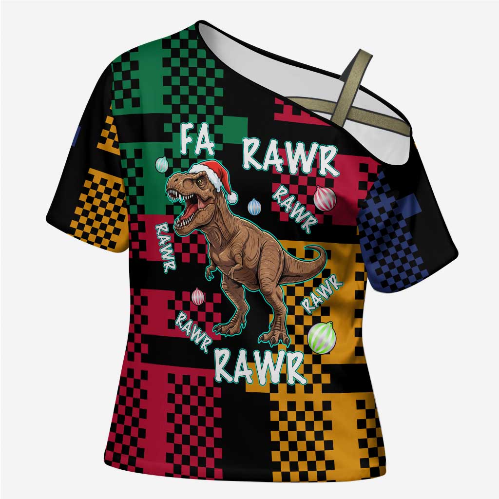 Christmas T Rex Rawr Rawr Rawr Cross Shoulder Shirt Xmas Holiday Patterns - Wonder Print Shop