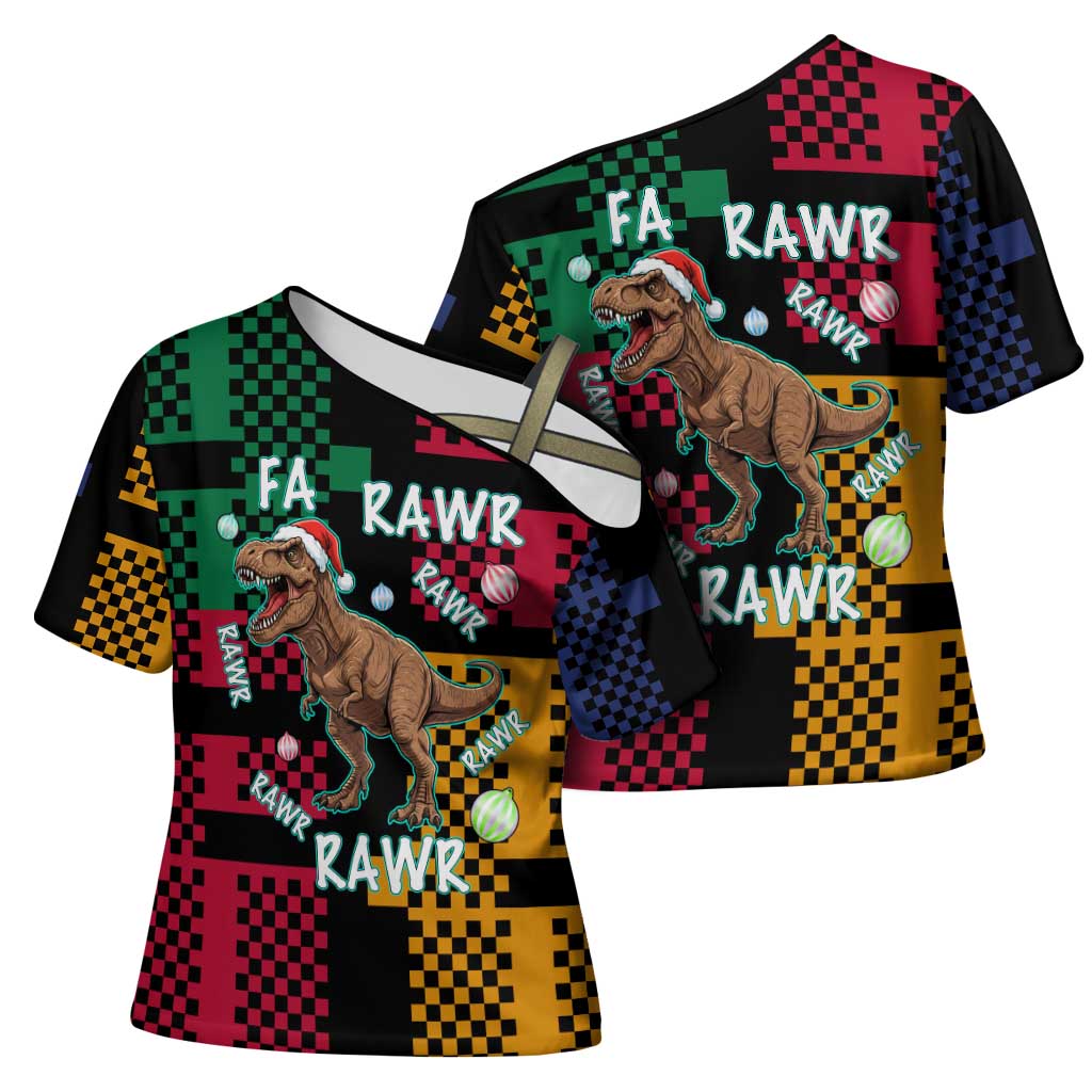 Christmas T Rex Rawr Rawr Rawr Cross Shoulder Shirt Xmas Holiday Patterns - Wonder Print Shop