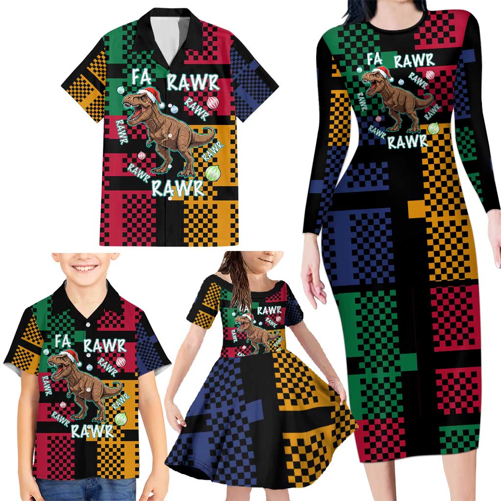Christmas T Rex Rawr Rawr Rawr Family Matching Long Sleeve Bodycon Dress and Hawaiian Shirt Xmas Holiday Patterns - Wonder Print Shop