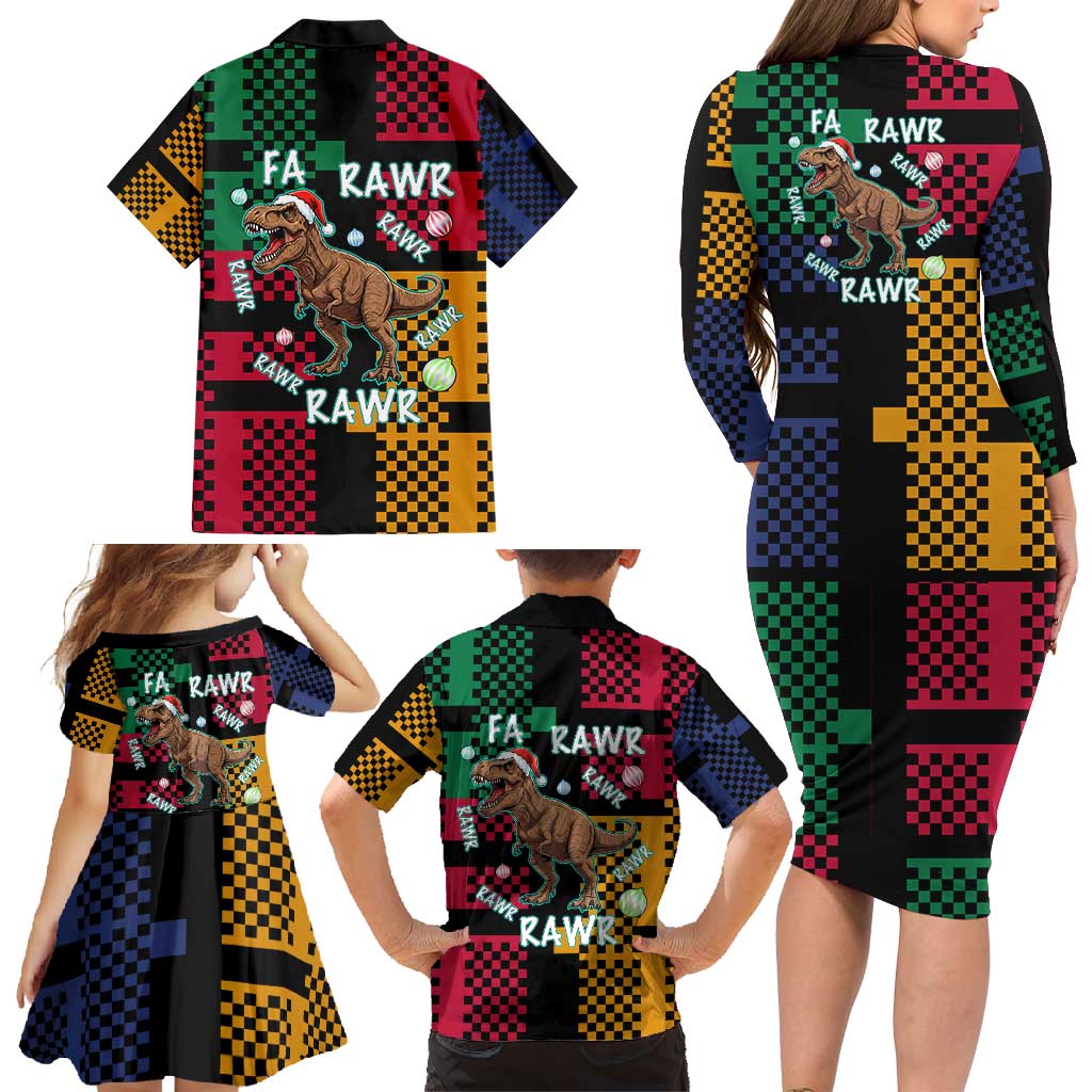 Christmas T Rex Rawr Rawr Rawr Family Matching Long Sleeve Bodycon Dress and Hawaiian Shirt Xmas Holiday Patterns - Wonder Print Shop