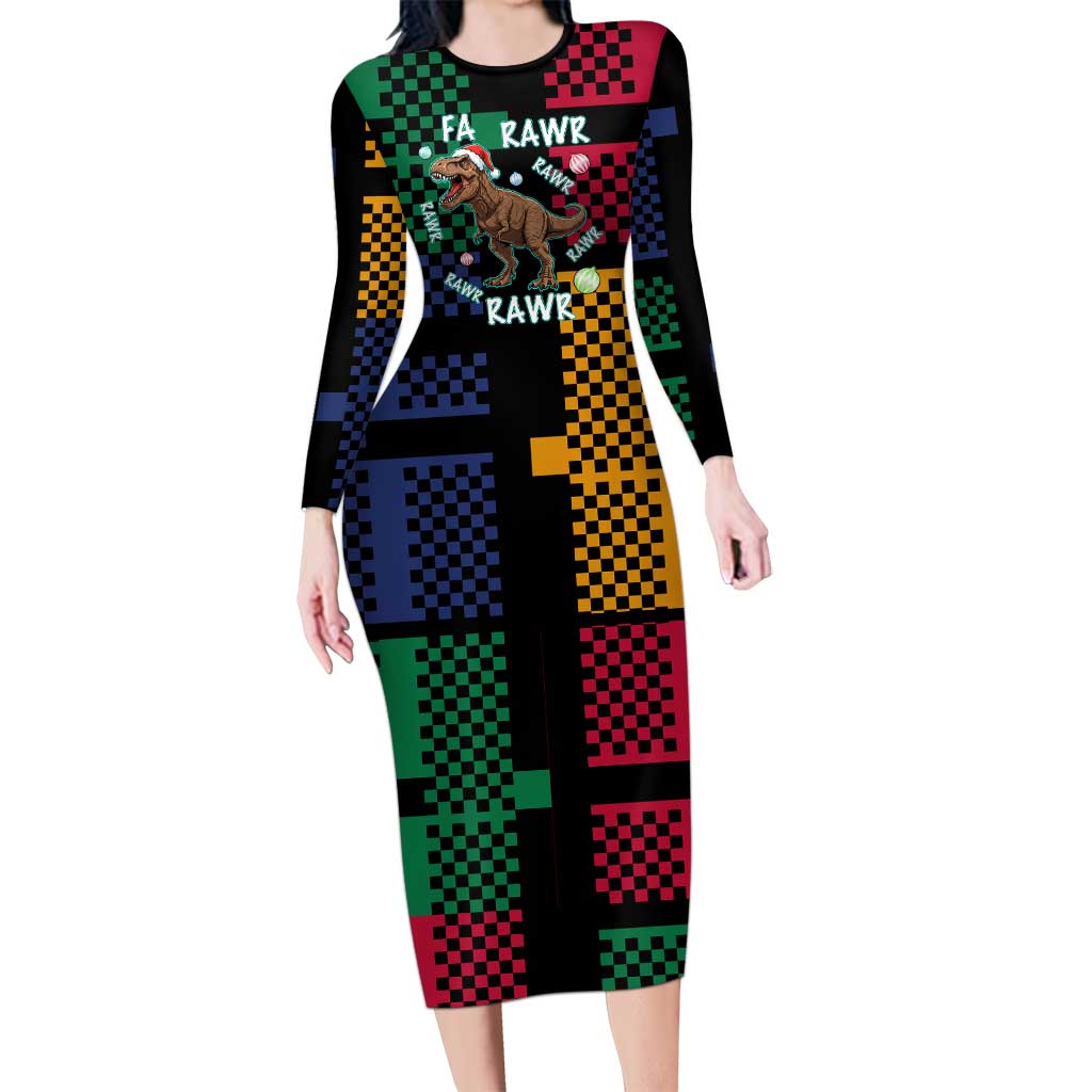 Christmas T Rex Rawr Rawr Rawr Family Matching Long Sleeve Bodycon Dress and Hawaiian Shirt Xmas Holiday Patterns - Wonder Print Shop