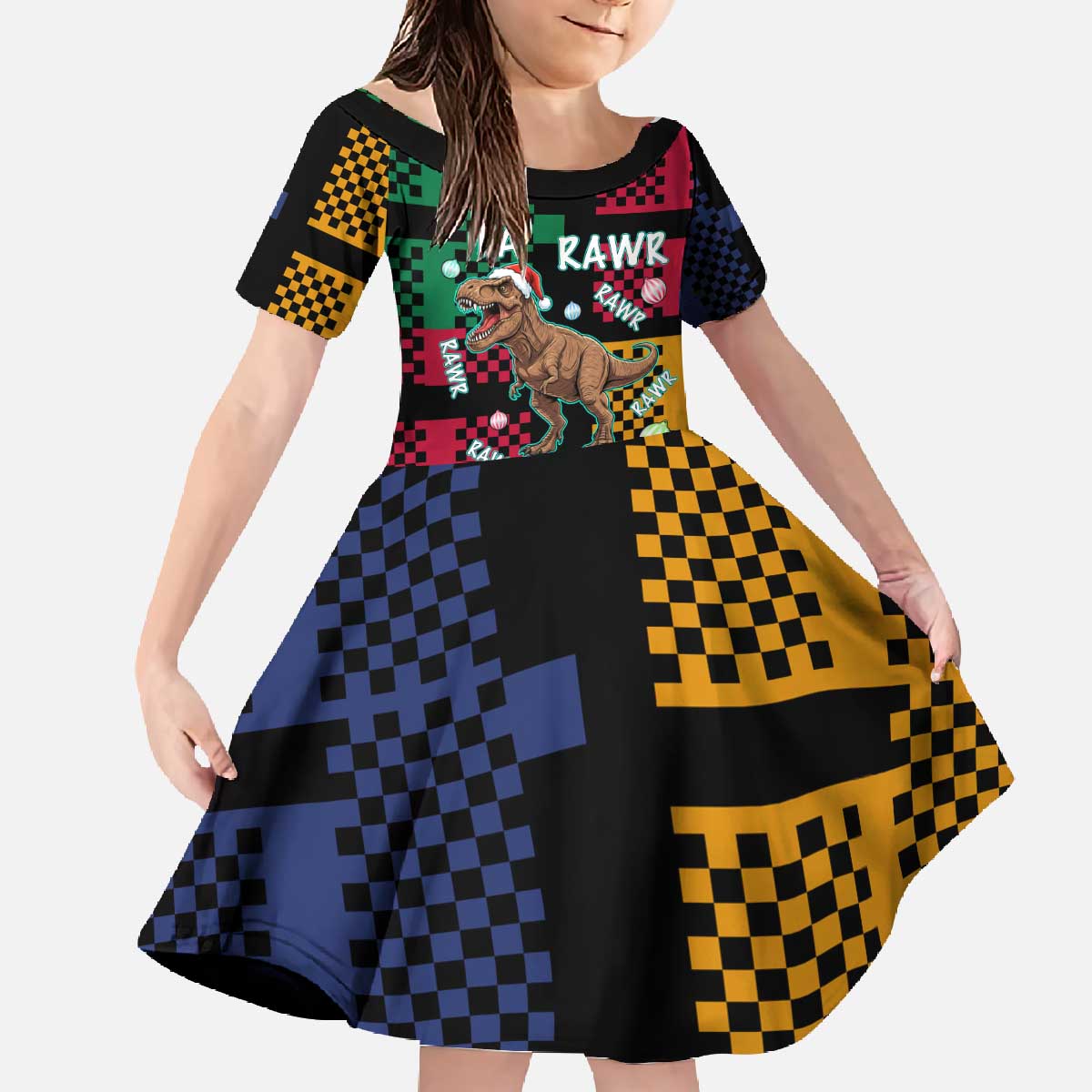 Christmas T Rex Rawr Rawr Rawr Family Matching Off The Shoulder Long Sleeve Dress and Hawaiian Shirt Xmas Holiday Patterns - Wonder Print Shop