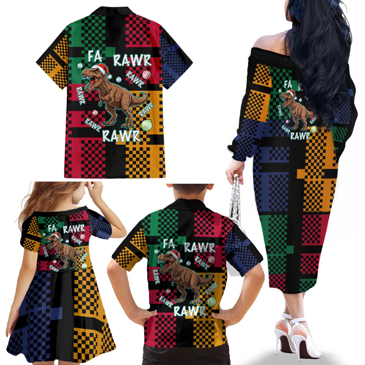 Christmas T Rex Rawr Rawr Rawr Family Matching Off The Shoulder Long Sleeve Dress and Hawaiian Shirt Xmas Holiday Patterns - Wonder Print Shop