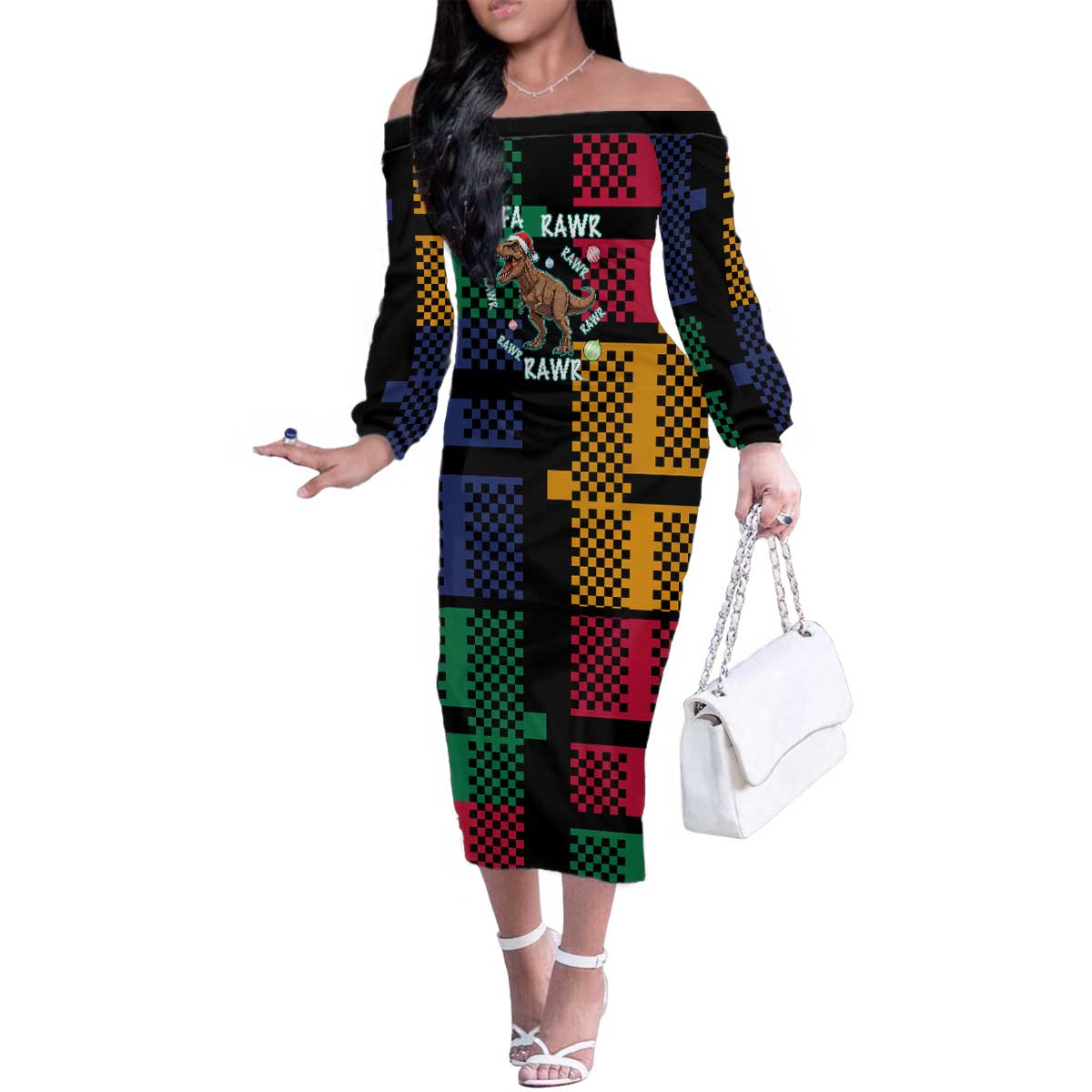 Christmas T Rex Rawr Rawr Rawr Family Matching Off The Shoulder Long Sleeve Dress and Hawaiian Shirt Xmas Holiday Patterns - Wonder Print Shop