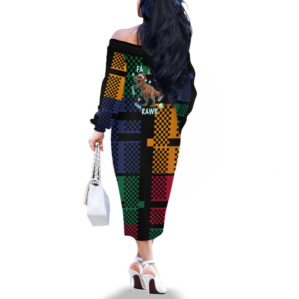 Christmas T Rex Rawr Rawr Rawr Family Matching Off The Shoulder Long Sleeve Dress and Hawaiian Shirt Xmas Holiday Patterns - Wonder Print Shop