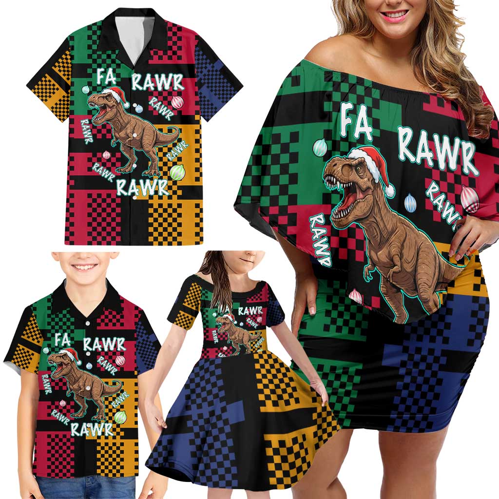 Christmas T Rex Rawr Rawr Rawr Family Matching Off Shoulder Short Dress and Hawaiian Shirt Xmas Holiday Patterns - Wonder Print Shop