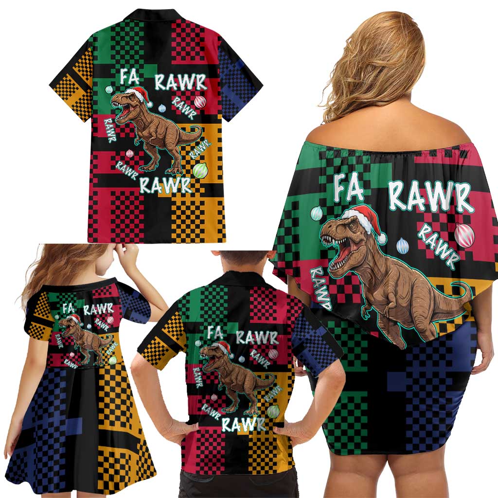 Christmas T Rex Rawr Rawr Rawr Family Matching Off Shoulder Short Dress and Hawaiian Shirt Xmas Holiday Patterns - Wonder Print Shop