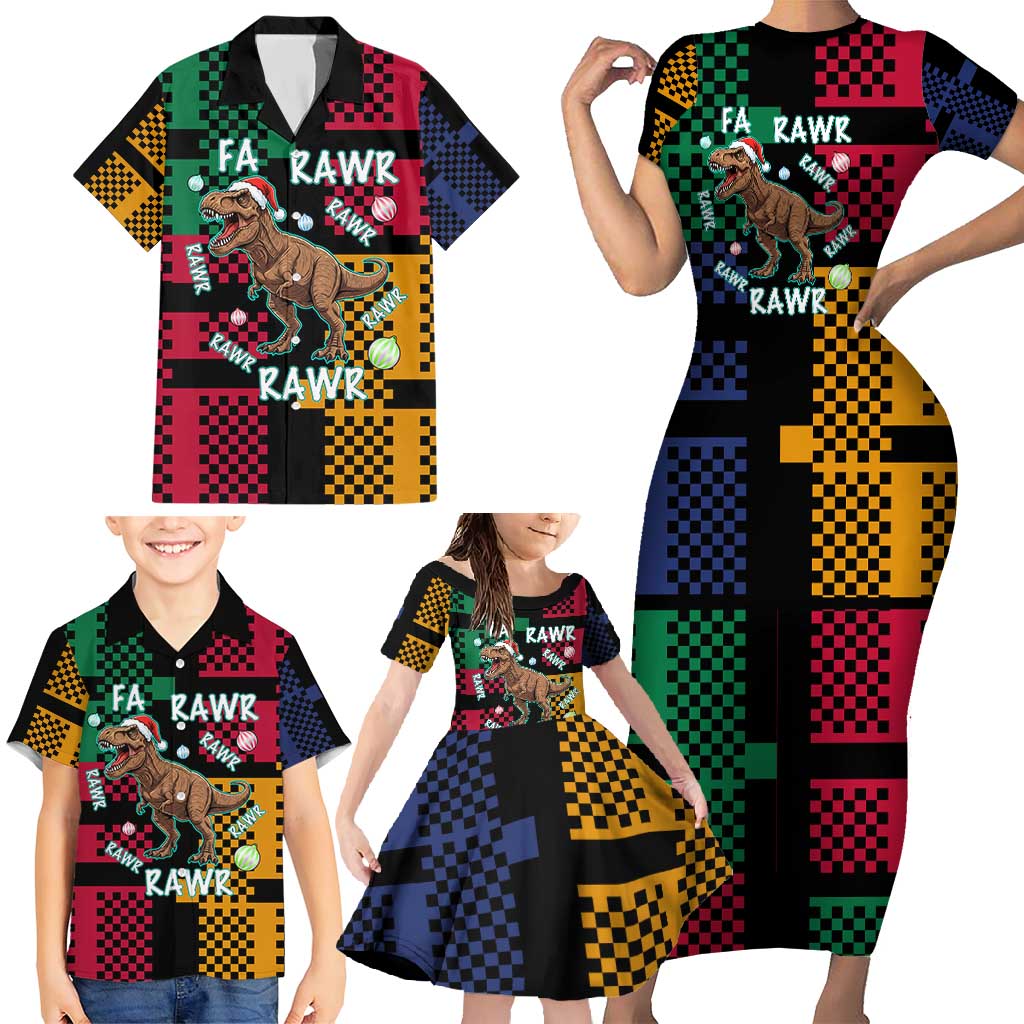 Christmas T Rex Rawr Rawr Rawr Family Matching Short Sleeve Bodycon Dress and Hawaiian Shirt Xmas Holiday Patterns - Wonder Print Shop