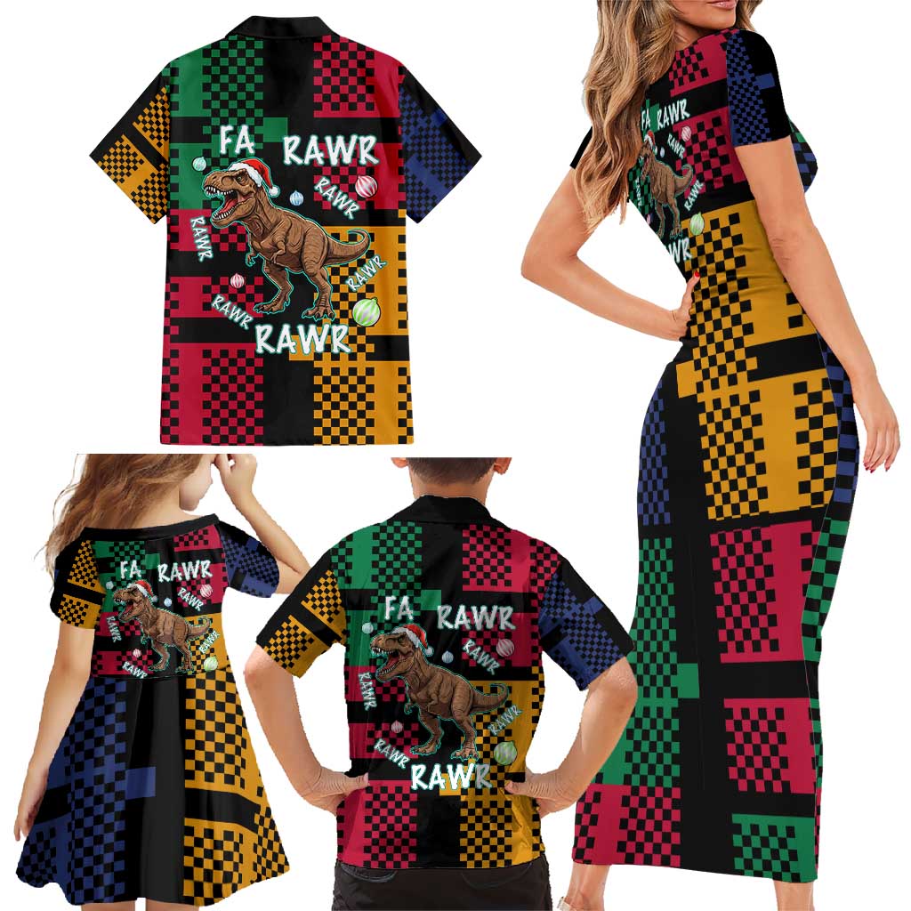 Christmas T Rex Rawr Rawr Rawr Family Matching Short Sleeve Bodycon Dress and Hawaiian Shirt Xmas Holiday Patterns - Wonder Print Shop