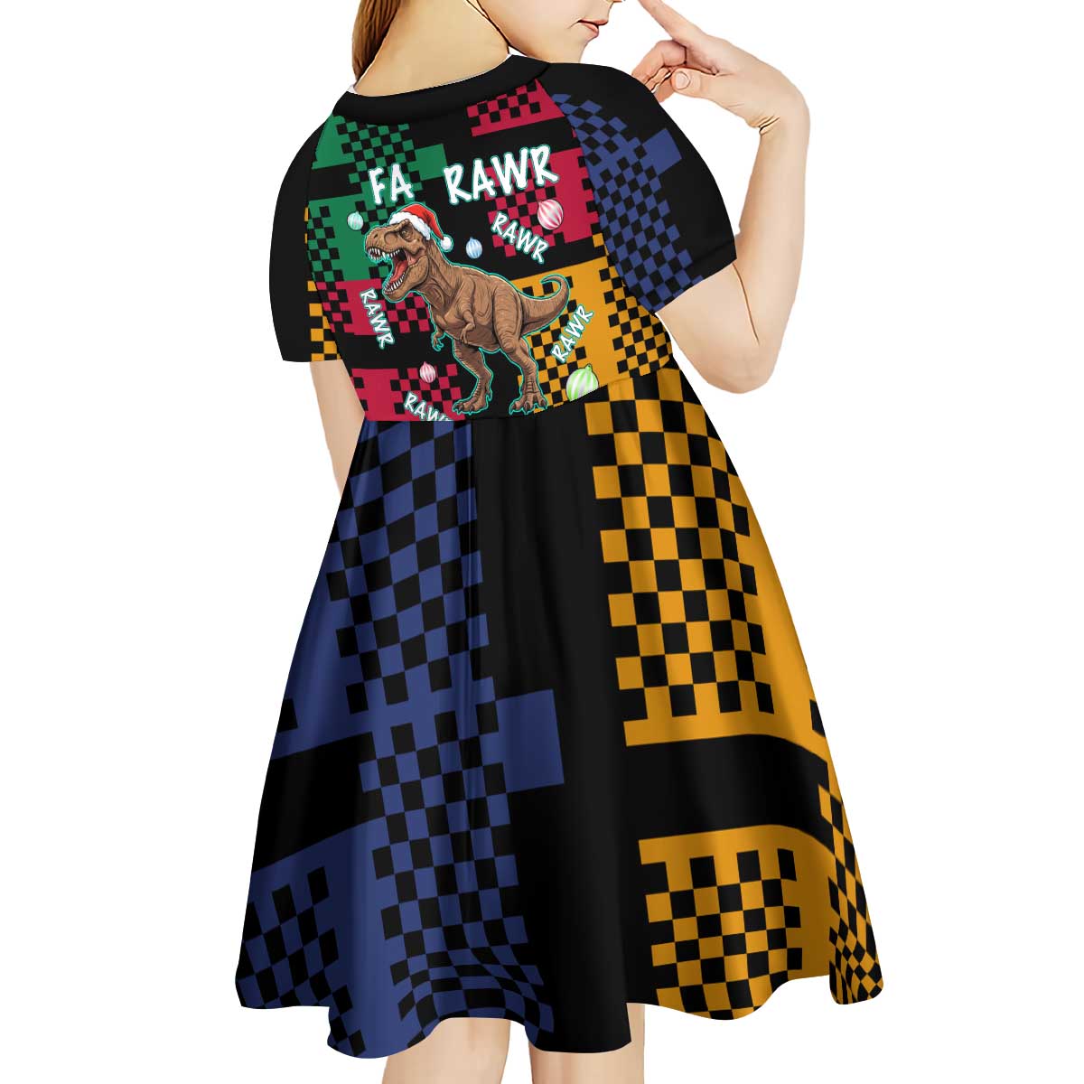 Christmas T Rex Rawr Rawr Rawr Kid Short Sleeve Dress Xmas Holiday Patterns - Wonder Print Shop