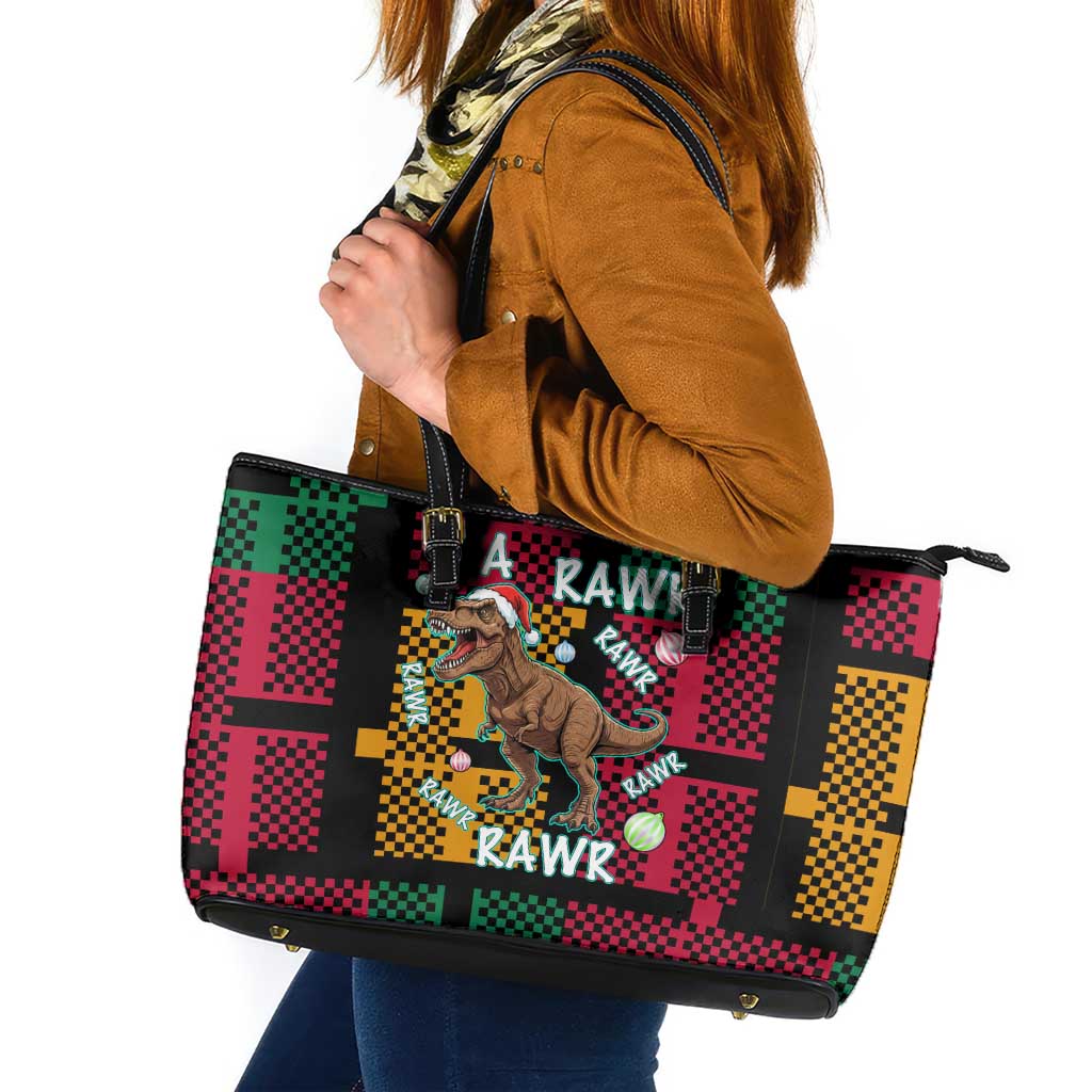 Christmas T Rex Rawr Rawr Rawr Leather Tote Bag Xmas Holiday Patterns - Wonder Print Shop