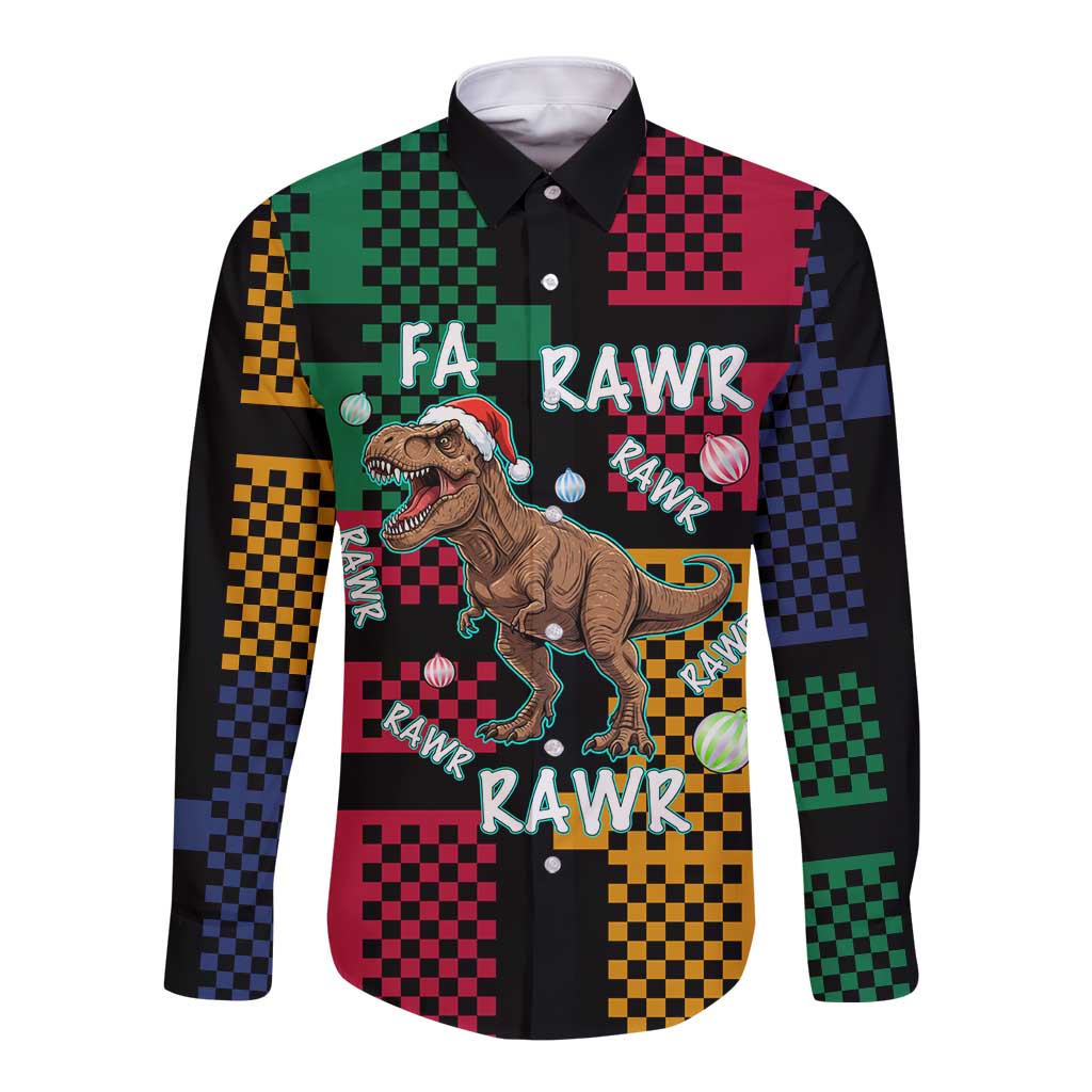 Christmas T Rex Rawr Rawr Rawr Long Sleeve Button Shirt Xmas Holiday Patterns - Wonder Print Shop