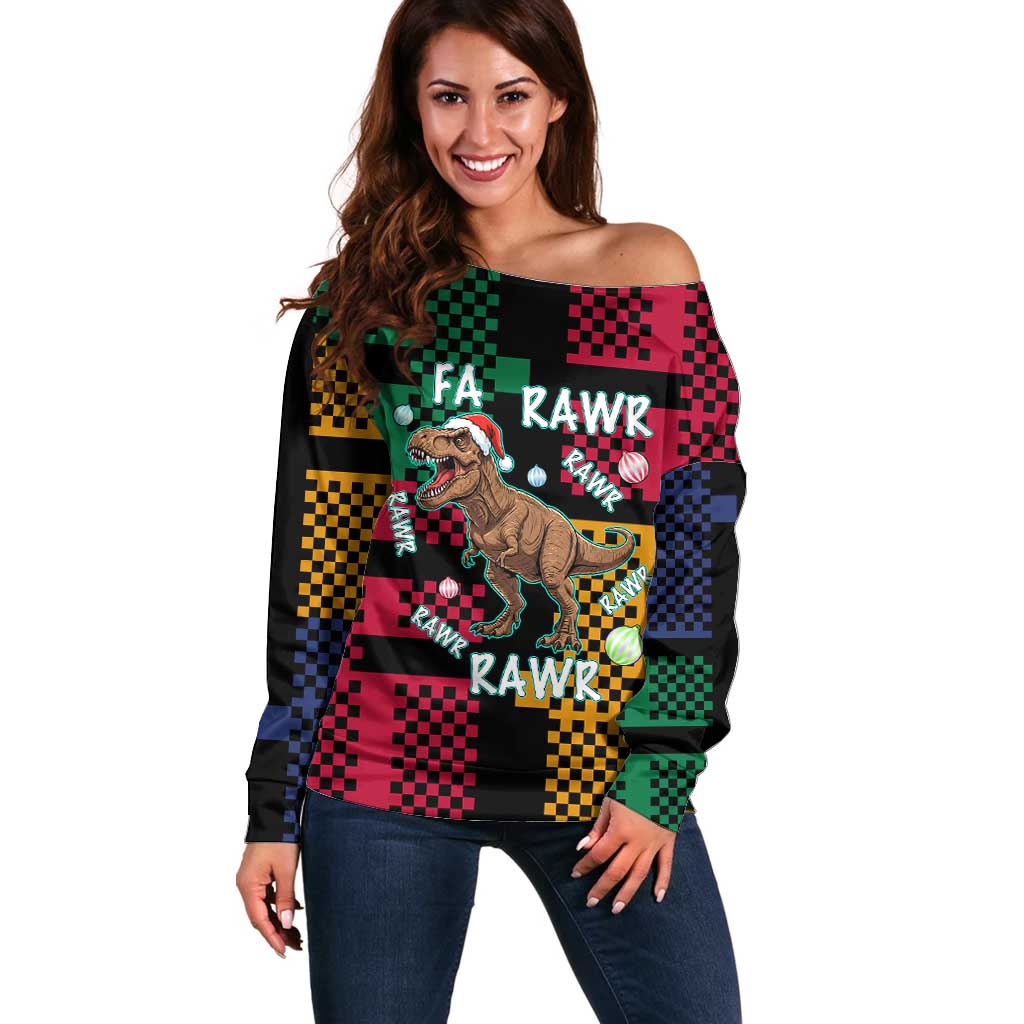 Christmas T Rex Rawr Rawr Rawr Off Shoulder Sweater Xmas Holiday Patterns - Wonder Print Shop