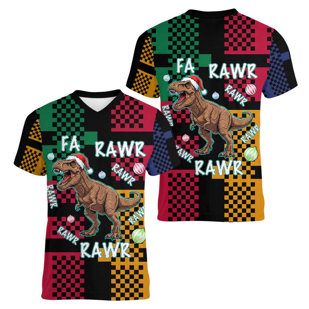 Christmas T Rex Rawr Rawr Rawr Women V-Neck T-Shirt Xmas Holiday Patterns - Wonder Print Shop