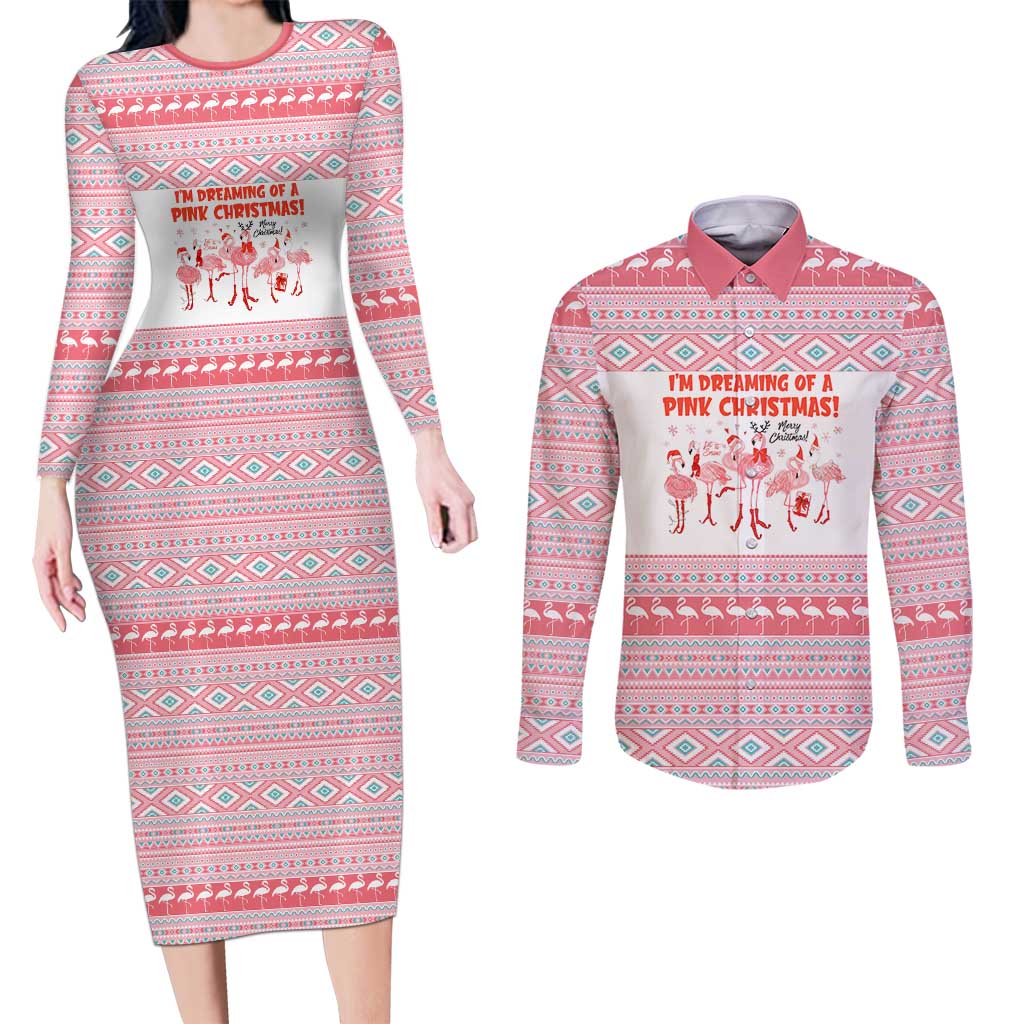 I'm Dreaming Of A Pink Christmas Flamingo Christmas Christmas Couples Matching Long Sleeve Bodycon Dress and Long Sleeve Button Shirt Xmas Holiday Patterns - Wonder Print Shop