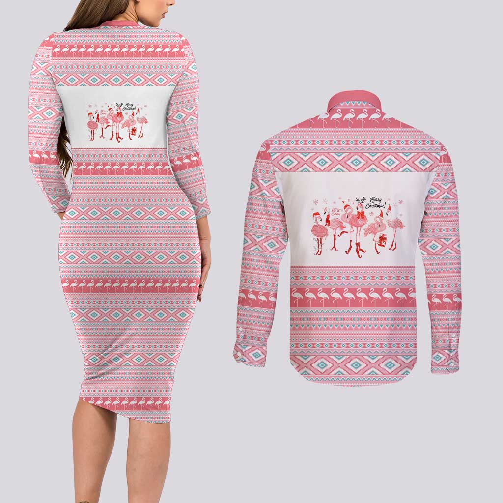 I'm Dreaming Of A Pink Christmas Flamingo Christmas Christmas Couples Matching Long Sleeve Bodycon Dress and Long Sleeve Button Shirt Xmas Holiday Patterns - Wonder Print Shop