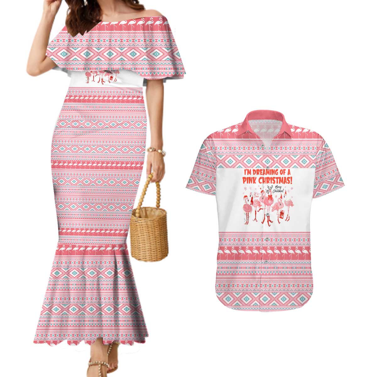 I'm Dreaming Of A Pink Christmas Flamingo Christmas Christmas Couples Matching Mermaid Dress and Hawaiian Shirt Xmas Holiday Patterns - Wonder Print Shop
