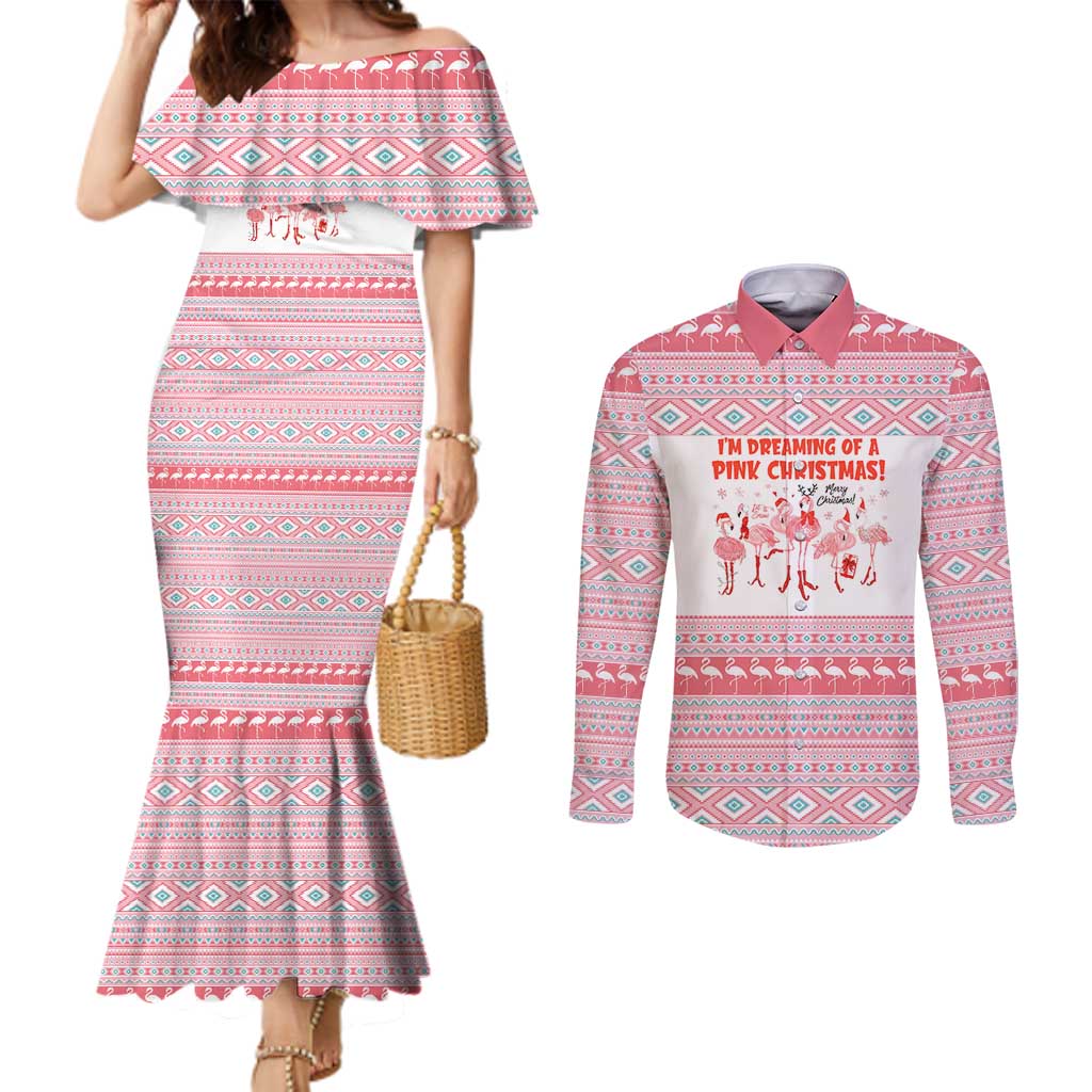 I'm Dreaming Of A Pink Christmas Flamingo Christmas Christmas Couples Matching Mermaid Dress and Long Sleeve Button Shirt Xmas Holiday Patterns - Wonder Print Shop