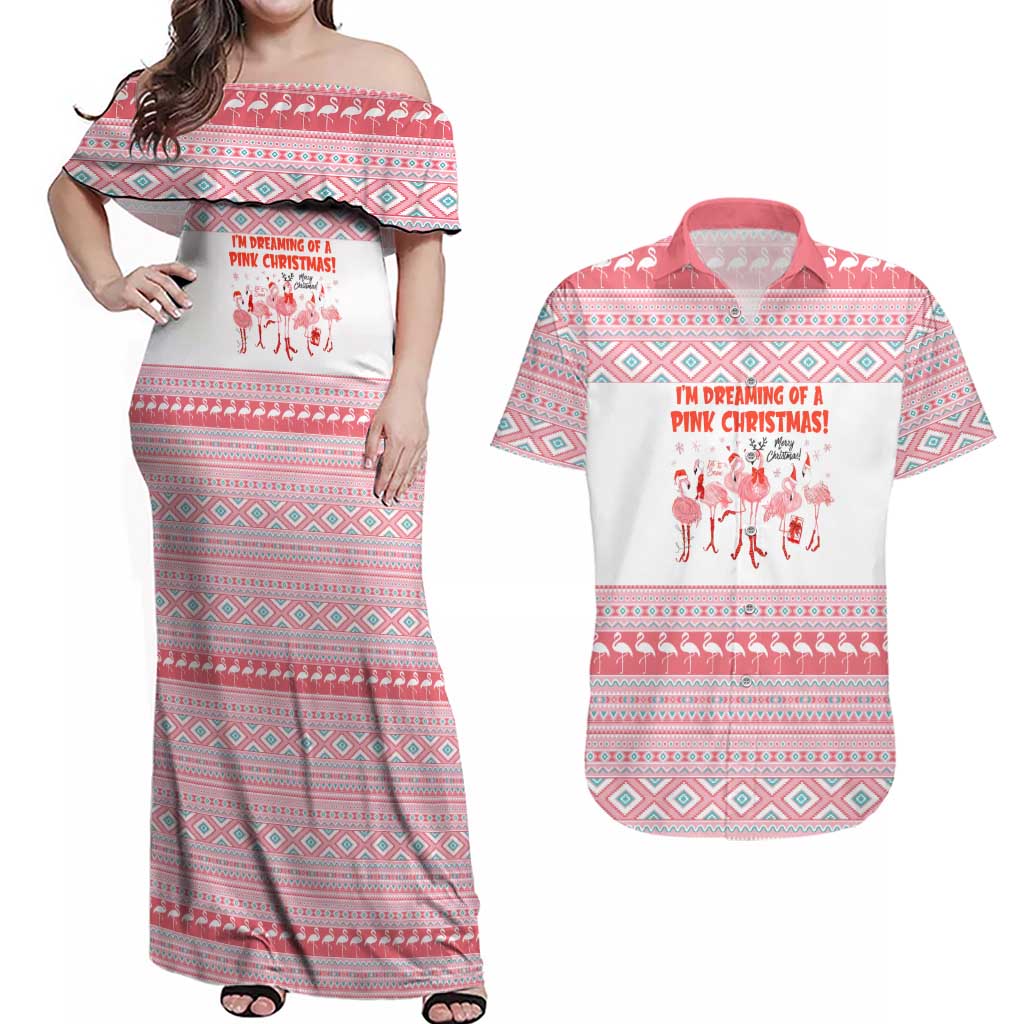 I'm Dreaming Of A Pink Christmas Flamingo Christmas Christmas Couples Matching Off Shoulder Maxi Dress and Hawaiian Shirt Xmas Holiday Patterns - Wonder Print Shop