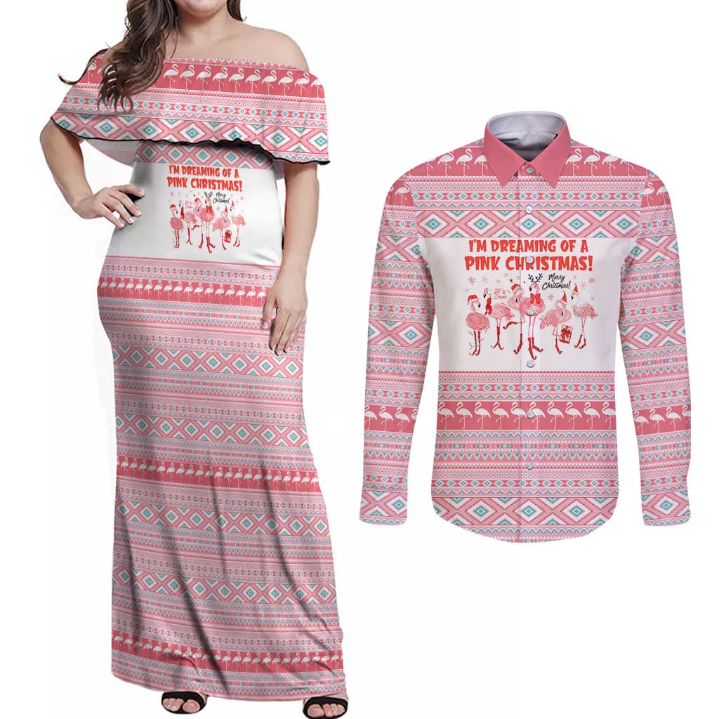 I'm Dreaming Of A Pink Christmas Flamingo Christmas Christmas Couples Matching Off Shoulder Maxi Dress and Long Sleeve Button Shirt Xmas Holiday Patterns - Wonder Print Shop