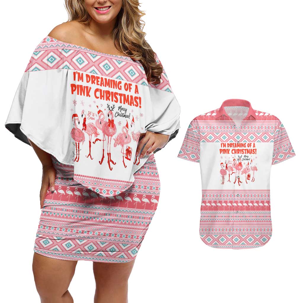 I'm Dreaming Of A Pink Christmas Flamingo Christmas Christmas Couples Matching Off Shoulder Short Dress and Hawaiian Shirt Xmas Holiday Patterns - Wonder Print Shop