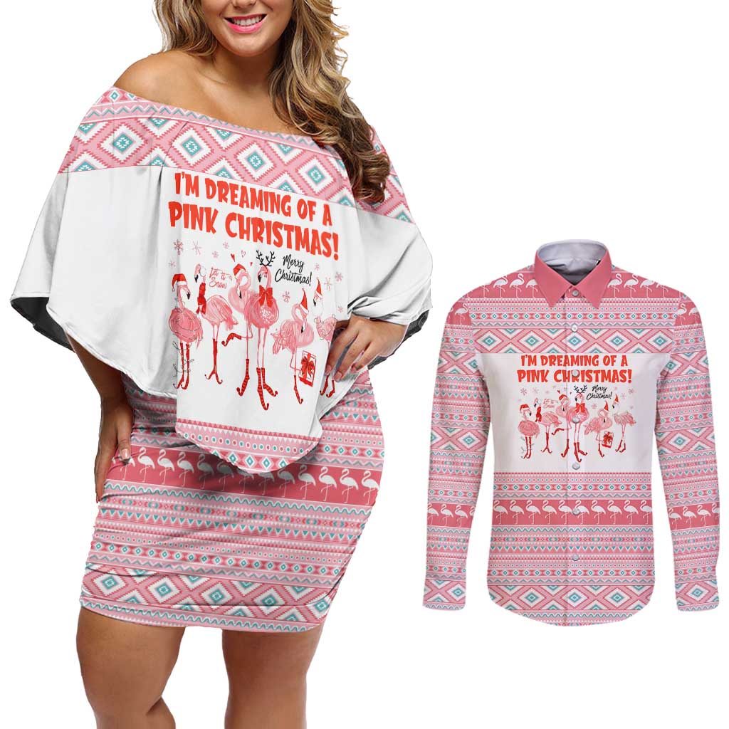 I'm Dreaming Of A Pink Christmas Flamingo Christmas Christmas Couples Matching Off Shoulder Short Dress and Long Sleeve Button Shirt Xmas Holiday Patterns - Wonder Print Shop