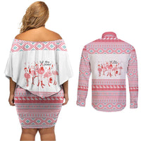 I'm Dreaming Of A Pink Christmas Flamingo Christmas Christmas Couples Matching Off Shoulder Short Dress and Long Sleeve Button Shirt Xmas Holiday Patterns - Wonder Print Shop