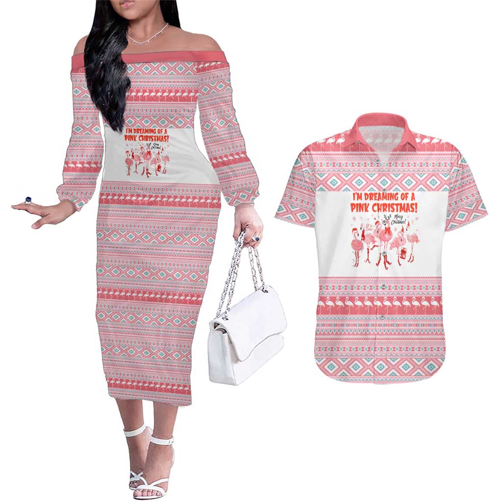 I'm Dreaming Of A Pink Christmas Flamingo Christmas Christmas Couples Matching Off The Shoulder Long Sleeve Dress and Hawaiian Shirt Xmas Holiday Patterns - Wonder Print Shop