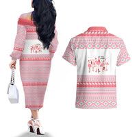 I'm Dreaming Of A Pink Christmas Flamingo Christmas Christmas Couples Matching Off The Shoulder Long Sleeve Dress and Hawaiian Shirt Xmas Holiday Patterns - Wonder Print Shop