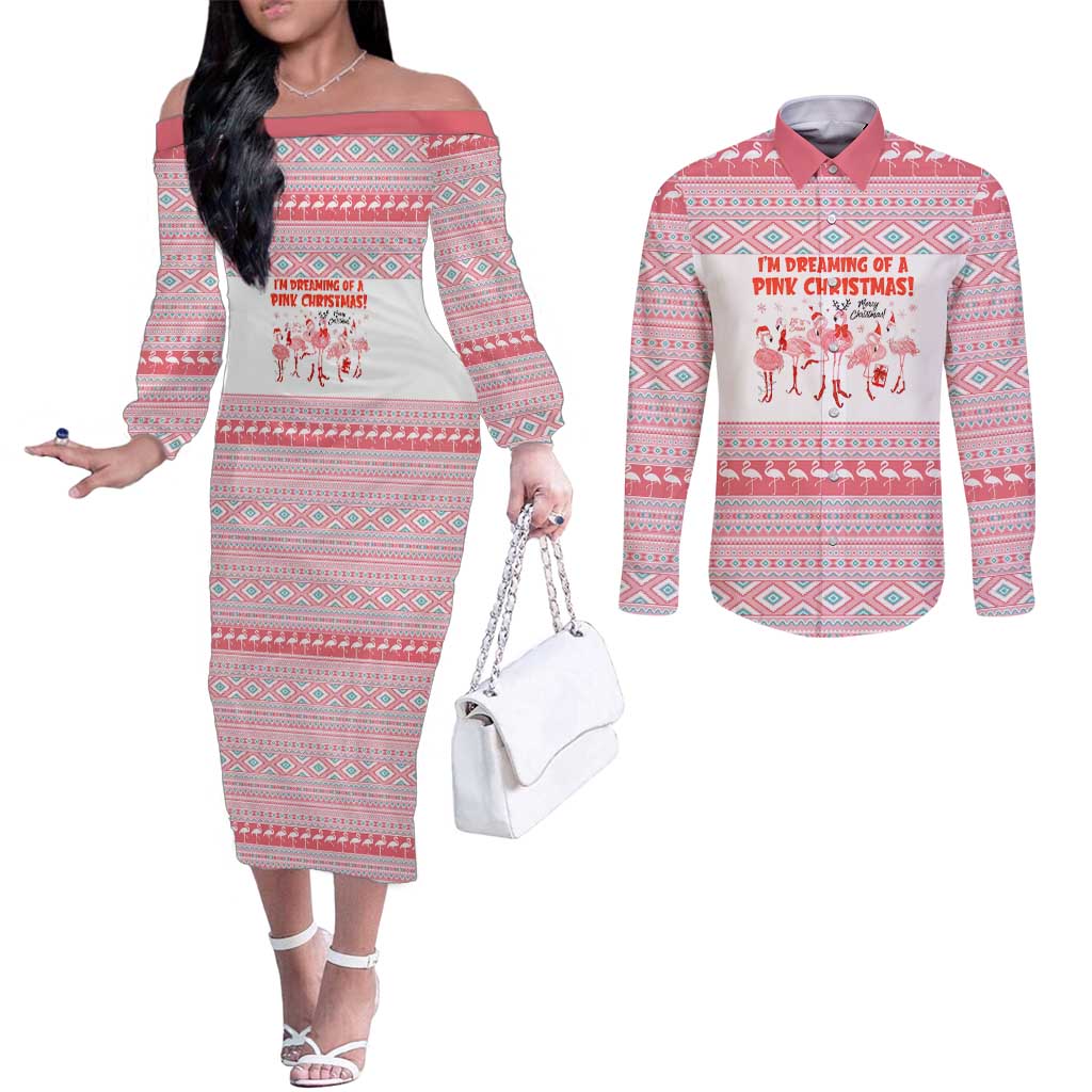 I'm Dreaming Of A Pink Christmas Flamingo Christmas Christmas Couples Matching Off The Shoulder Long Sleeve Dress and Long Sleeve Button Shirt Xmas Holiday Patterns - Wonder Print Shop