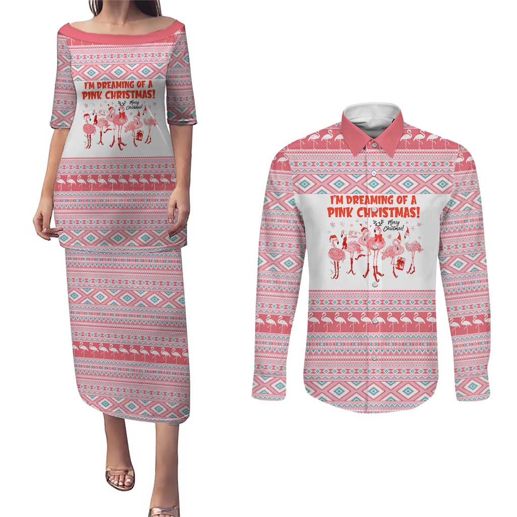 I'm Dreaming Of A Pink Christmas Flamingo Christmas Christmas Couples Matching Puletasi and Long Sleeve Button Shirt Xmas Holiday Patterns - Wonder Print Shop