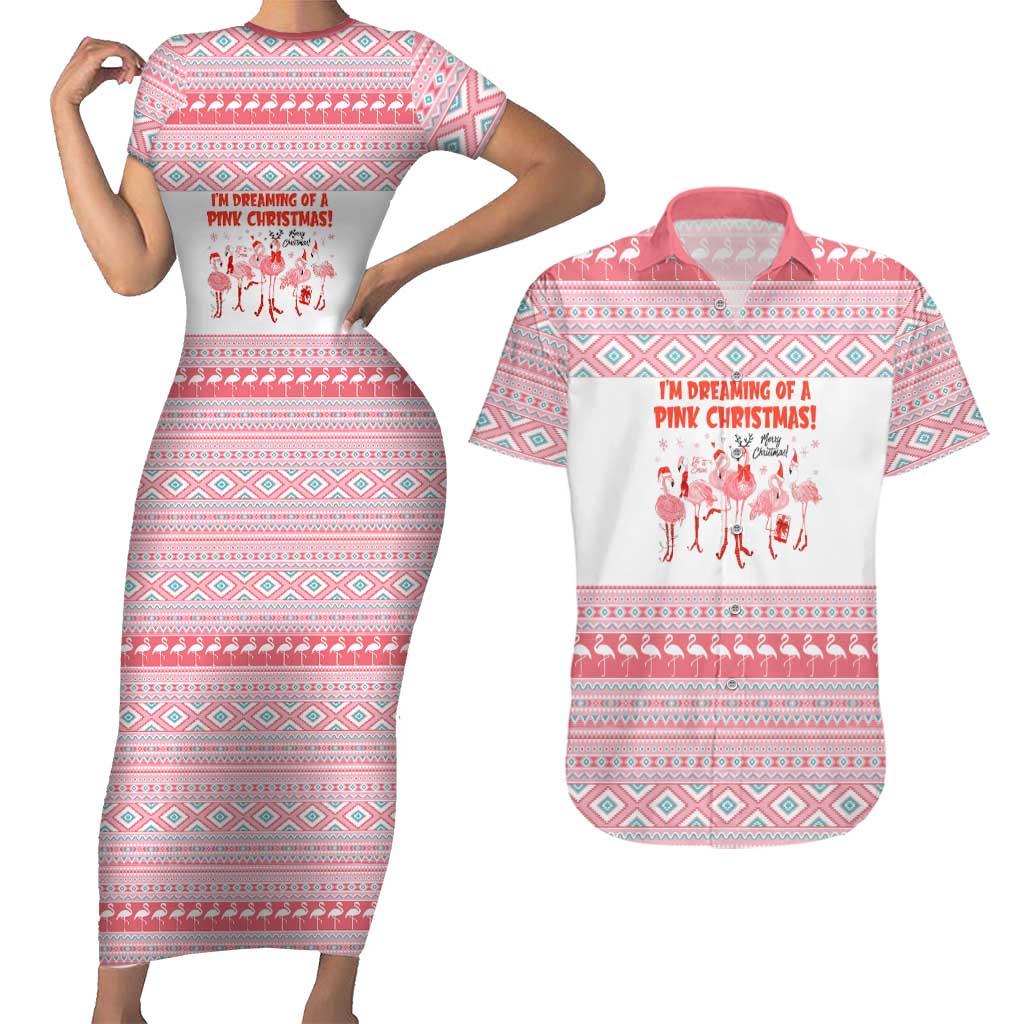 I'm Dreaming Of A Pink Christmas Flamingo Christmas Christmas Couples Matching Short Sleeve Bodycon Dress and Hawaiian Shirt Xmas Holiday Patterns - undefined