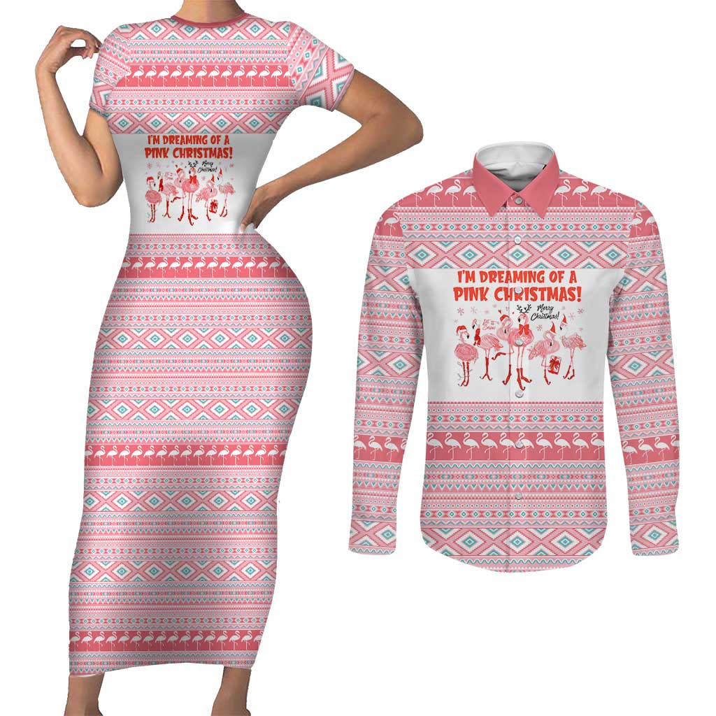 I'm Dreaming Of A Pink Christmas Flamingo Christmas Christmas Couples Matching Short Sleeve Bodycon Dress and Long Sleeve Button Shirt Xmas Holiday Patterns - Wonder Print Shop