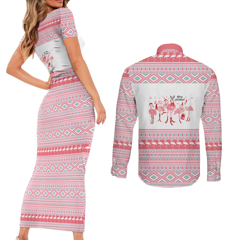 I'm Dreaming Of A Pink Christmas Flamingo Christmas Christmas Couples Matching Short Sleeve Bodycon Dress and Long Sleeve Button Shirt Xmas Holiday Patterns - Wonder Print Shop