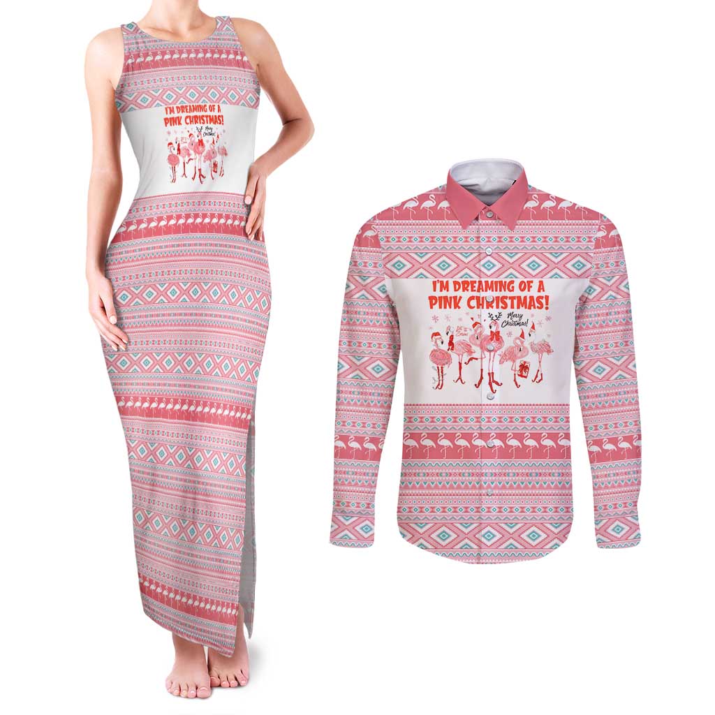 I'm Dreaming Of A Pink Christmas Flamingo Christmas Christmas Couples Matching Tank Maxi Dress and Long Sleeve Button Shirt Xmas Holiday Patterns - Wonder Print Shop