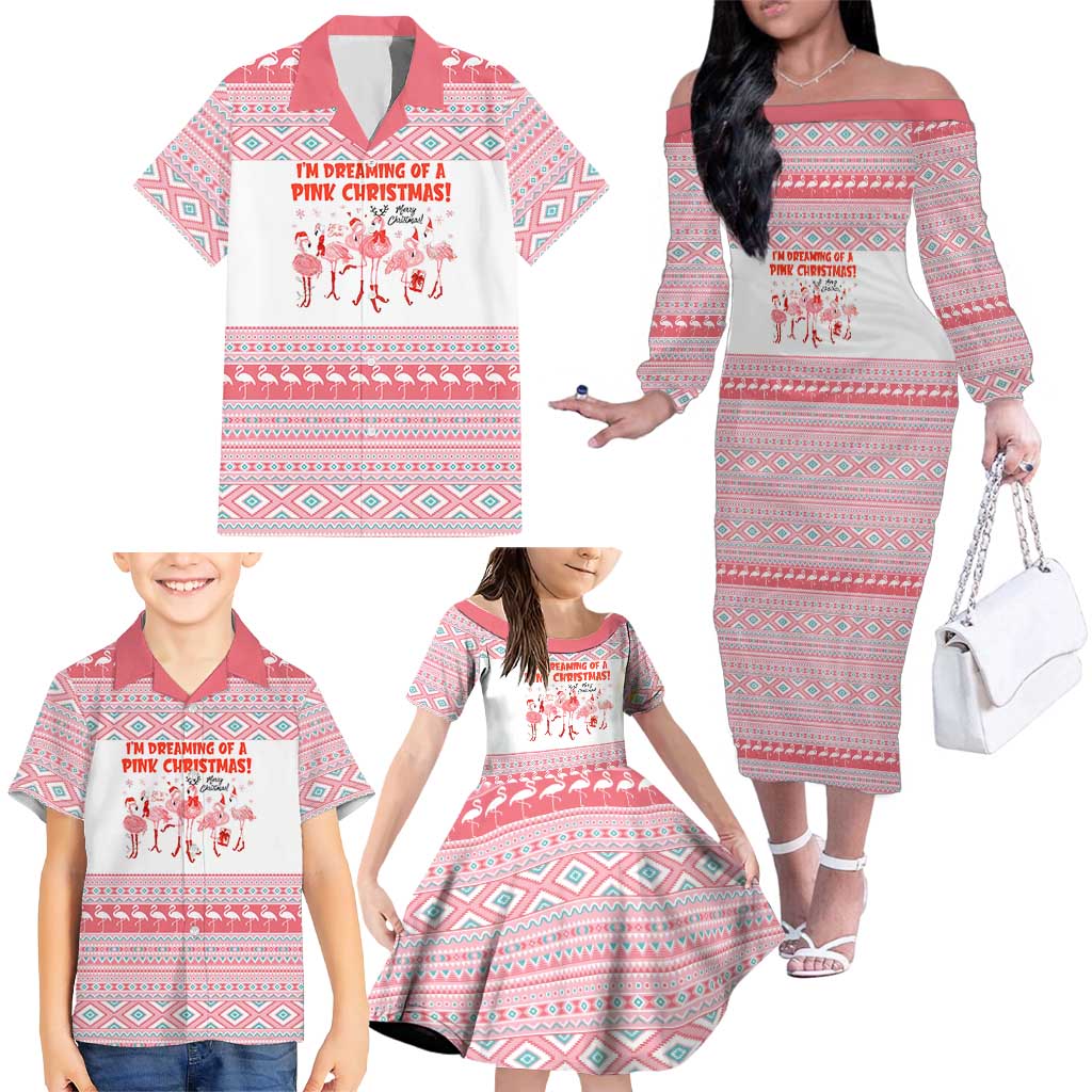 I'm Dreaming Of A Pink Christmas Flamingo Christmas Christmas Family Matching Off The Shoulder Long Sleeve Dress and Hawaiian Shirt Xmas Holiday Patterns - Wonder Print Shop