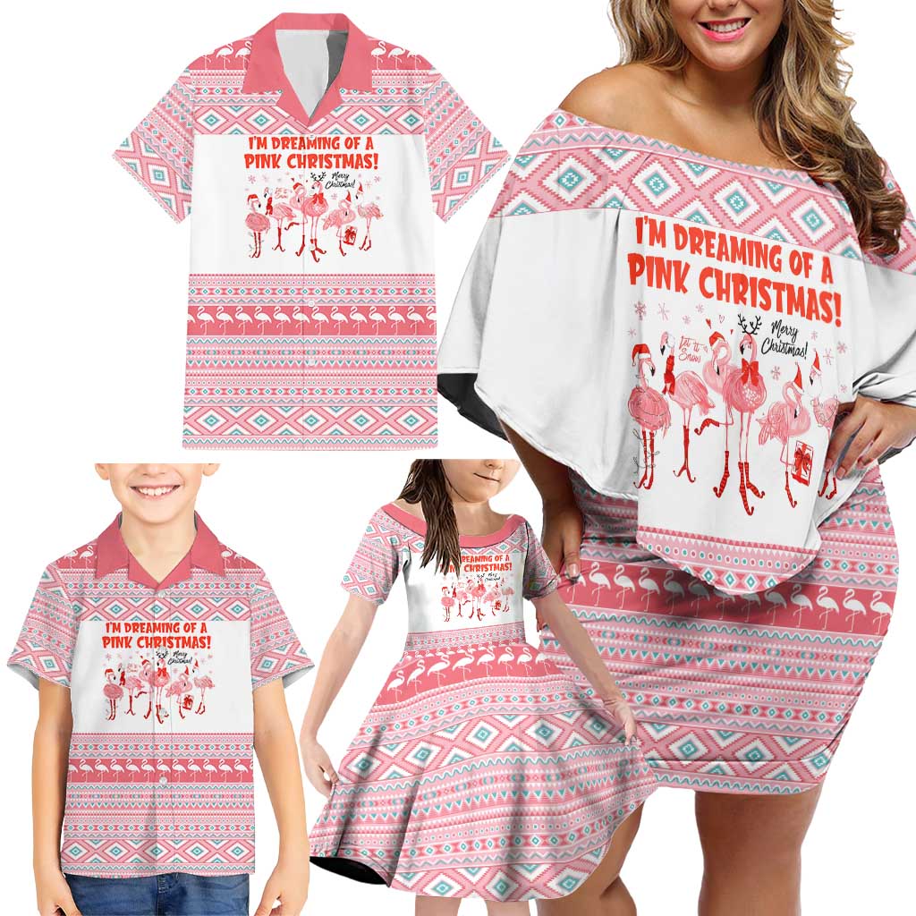 I'm Dreaming Of A Pink Christmas Flamingo Christmas Christmas Family Matching Off Shoulder Short Dress and Hawaiian Shirt Xmas Holiday Patterns - Wonder Print Shop