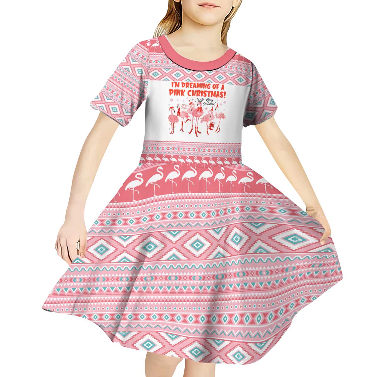 I'm Dreaming Of A Pink Christmas Flamingo Christmas Christmas Kid Short Sleeve Dress Xmas Holiday Patterns - Wonder Print Shop