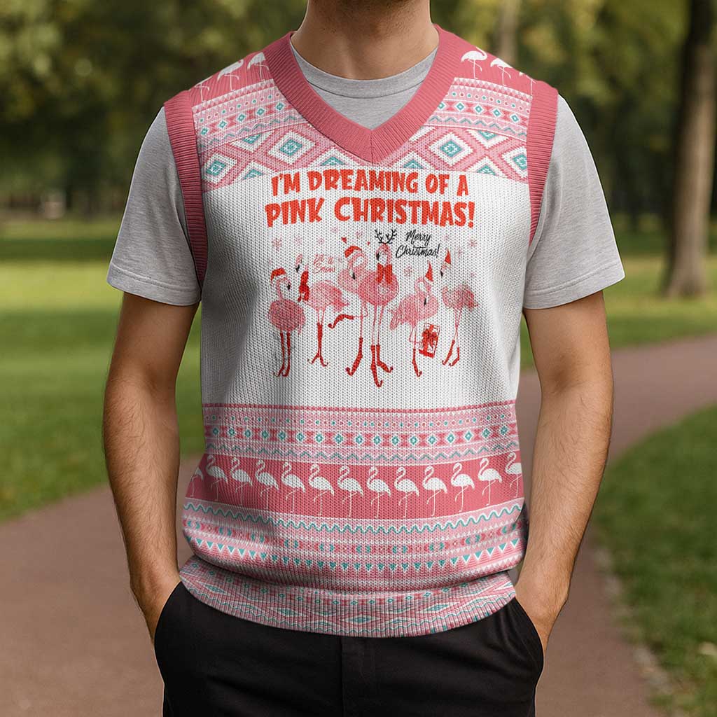 I'm Dreaming Of A Pink Christmas Flamingo Christmas Christmas Knitted V-Neck Vest Xmas Holiday Patterns - Wonder Print Shop