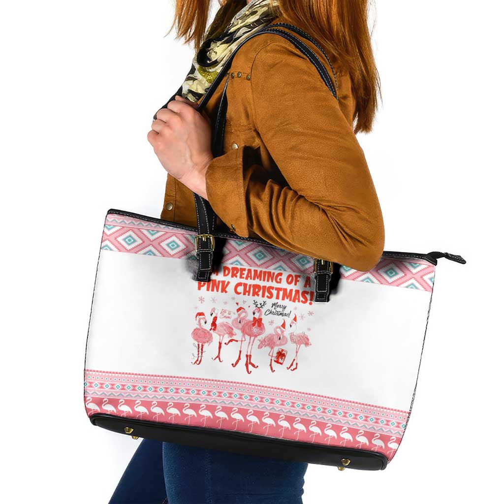 I'm Dreaming Of A Pink Christmas Flamingo Christmas Christmas Leather Tote Bag Xmas Holiday Patterns - Wonder Print Shop