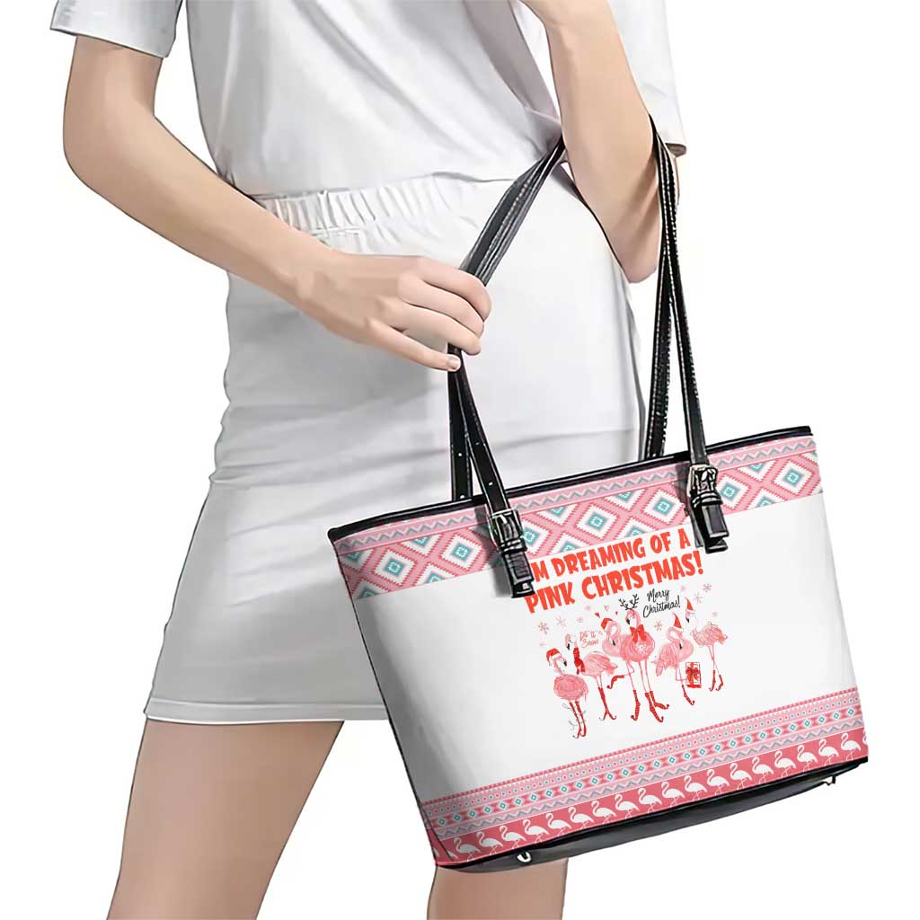 I'm Dreaming Of A Pink Christmas Flamingo Christmas Christmas Leather Tote Bag Xmas Holiday Patterns - Wonder Print Shop