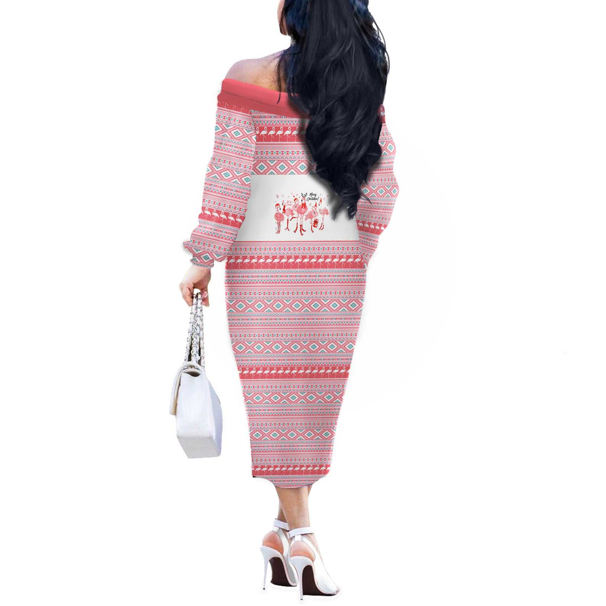 I'm Dreaming Of A Pink Christmas Flamingo Christmas Christmas Off The Shoulder Long Sleeve Dress Xmas Holiday Patterns - Wonder Print Shop