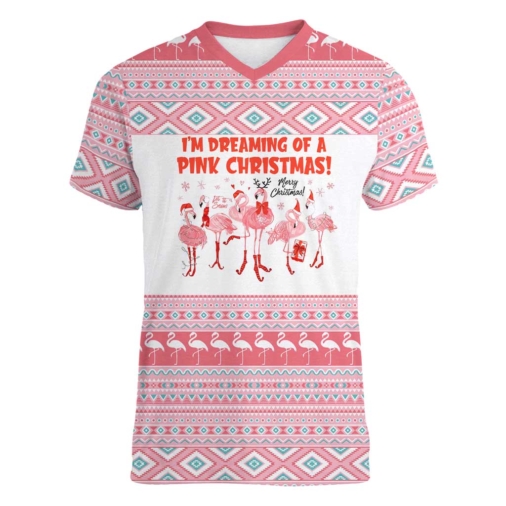 I'm Dreaming Of A Pink Christmas Flamingo Christmas Christmas Women V-Neck T-Shirt Xmas Holiday Patterns - Wonder Print Shop