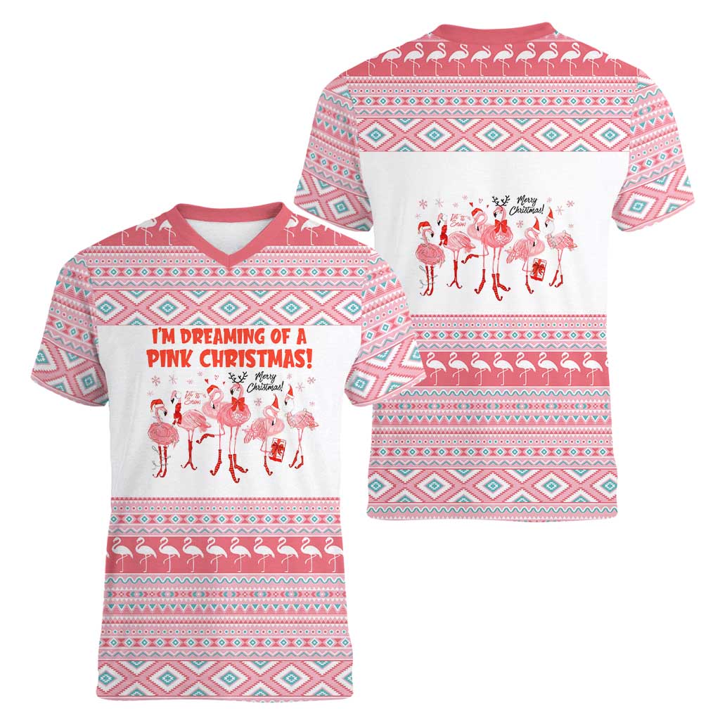 I'm Dreaming Of A Pink Christmas Flamingo Christmas Christmas Women V-Neck T-Shirt Xmas Holiday Patterns - Wonder Print Shop
