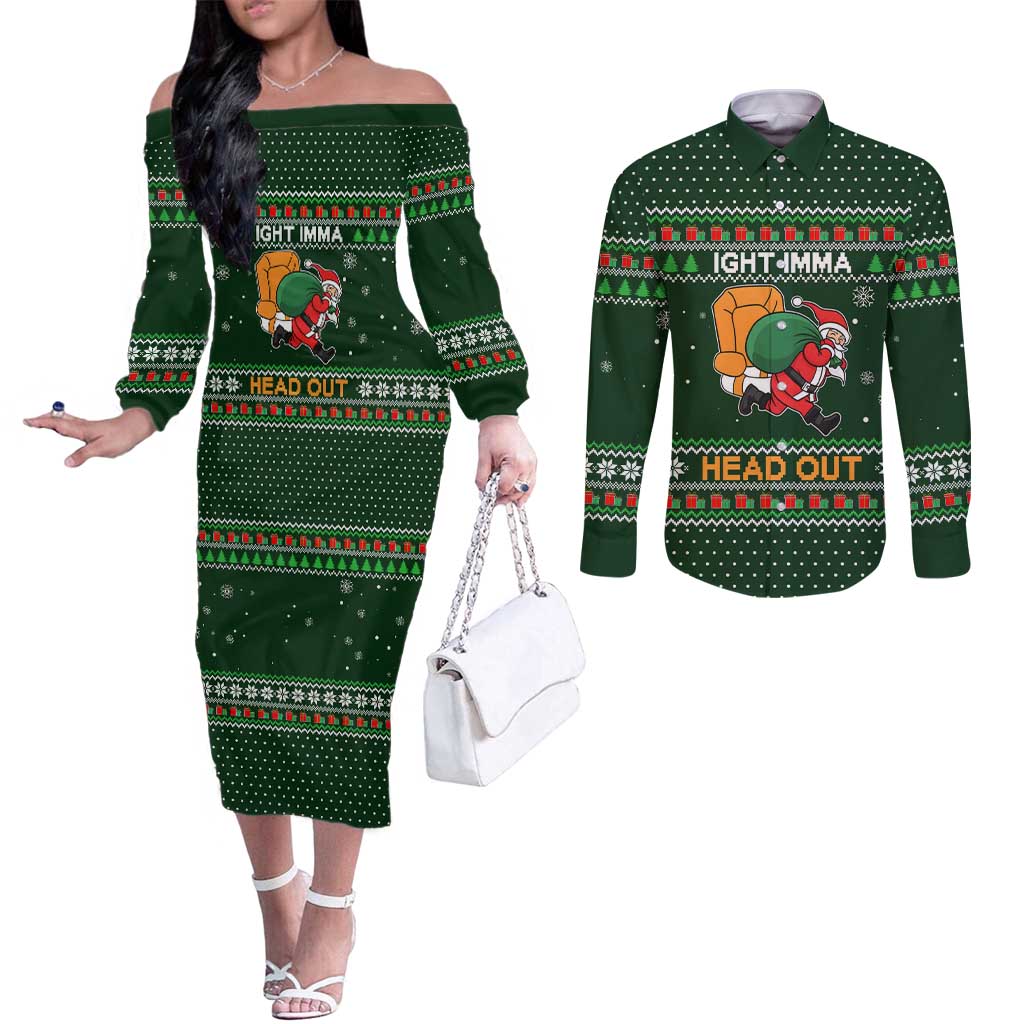 Ight Imma Head Out Santa Funny Christmas Christmas Couples Matching Off The Shoulder Long Sleeve Dress and Long Sleeve Button Shirt Xmas Holiday Patterns - Wonder Print Shop