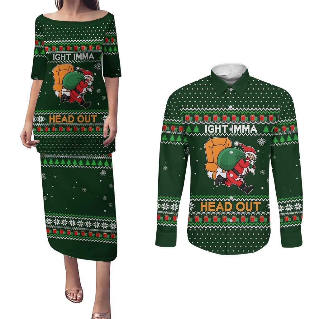 Ight Imma Head Out Santa Funny Christmas Christmas Couples Matching Puletasi and Long Sleeve Button Shirt Xmas Holiday Patterns - Wonder Print Shop