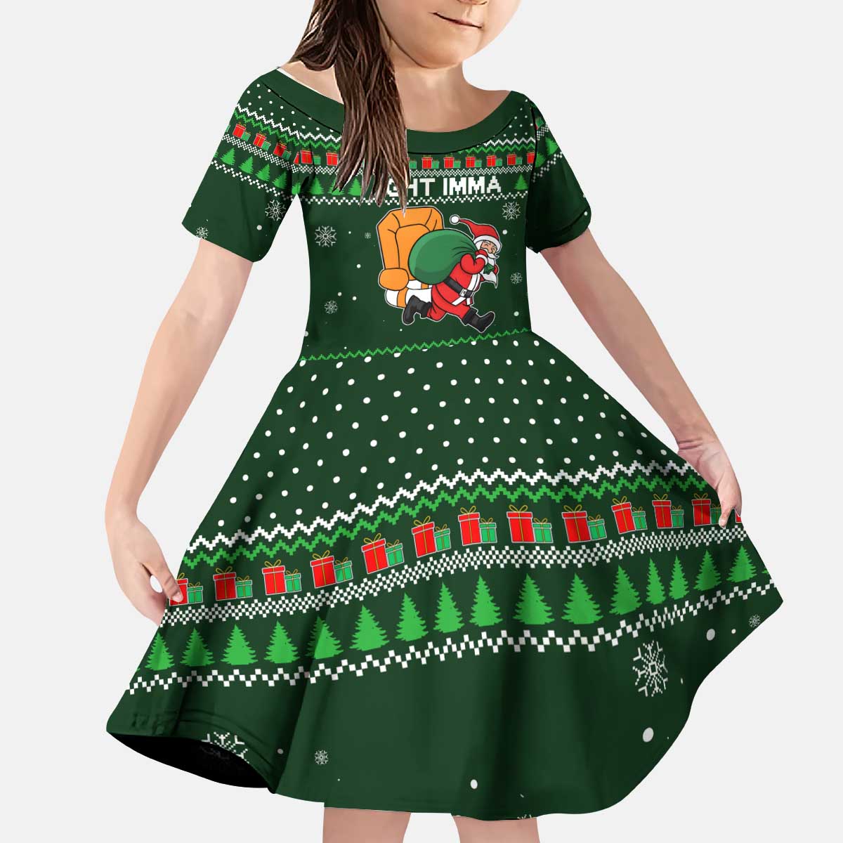 Ight Imma Head Out Santa Funny Christmas Christmas Kid Short Sleeve Dress Xmas Holiday Patterns - Wonder Print Shop