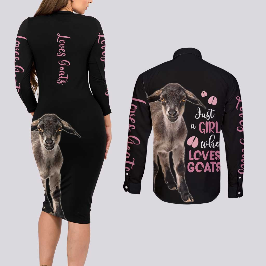 Who Loves Goat Just A Girl Christmas Trees Christmas Christmas Couples Matching Long Sleeve Bodycon Dress and Long Sleeve Button Shirt Xmas Holiday Patterns - Wonder Print Shop