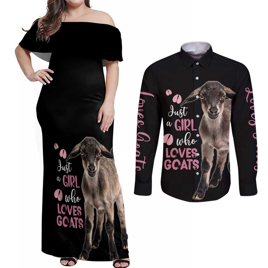 Who Loves Goat Just A Girl Christmas Trees Christmas Christmas Couples Matching Off Shoulder Maxi Dress and Long Sleeve Button Shirt Xmas Holiday Patterns - Wonder Print Shop