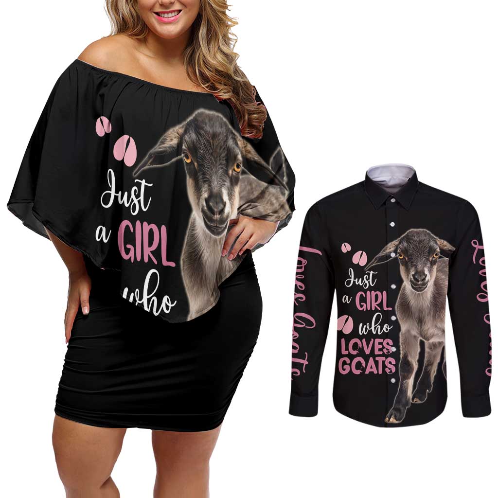Who Loves Goat Just A Girl Christmas Trees Christmas Christmas Couples Matching Off Shoulder Short Dress and Long Sleeve Button Shirt Xmas Holiday Patterns - Wonder Print Shop